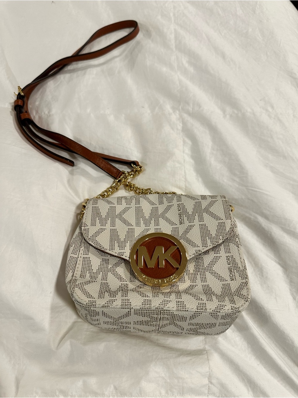 Michael Kors Ivory MK Logo Crossbody with Brown Strap & Gold Accent